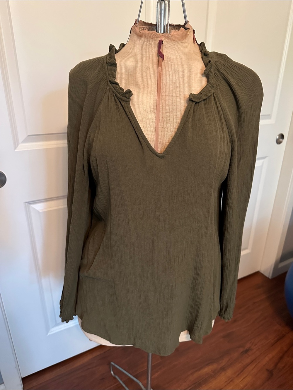 Olive Green Long Sleeve V-Neck Ruffle Top